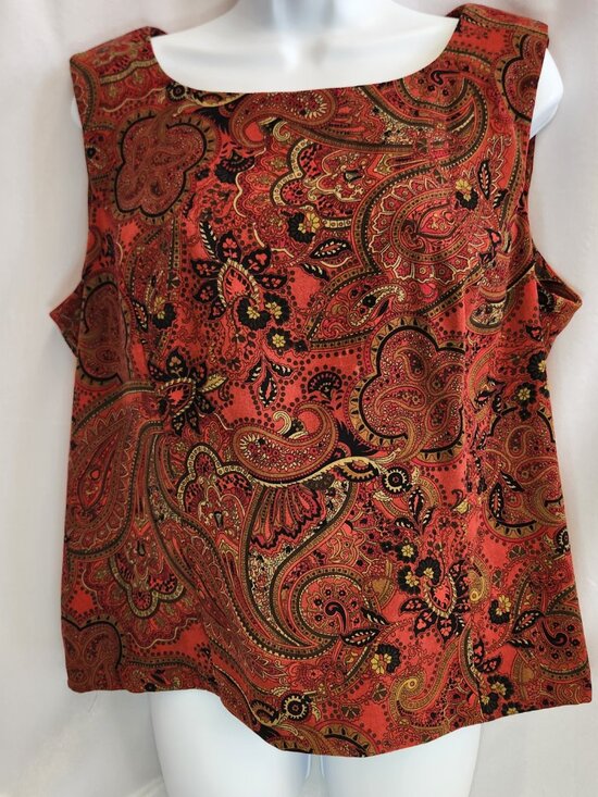 Coldwater Creek Tops - Coldwater Creek Red Orange Black Paisley Top Chinese Fabric Size 16 Side Zip